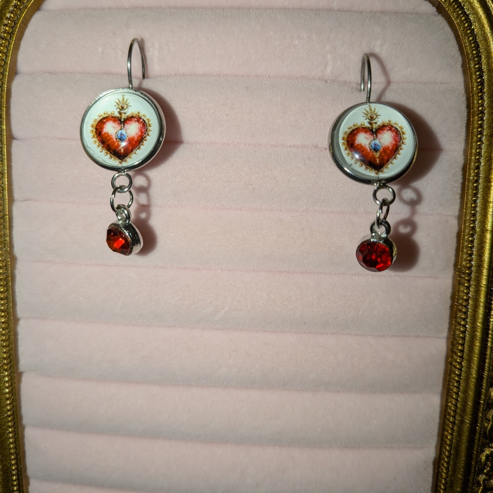 Heart Design Silver Earrings with Red Accents